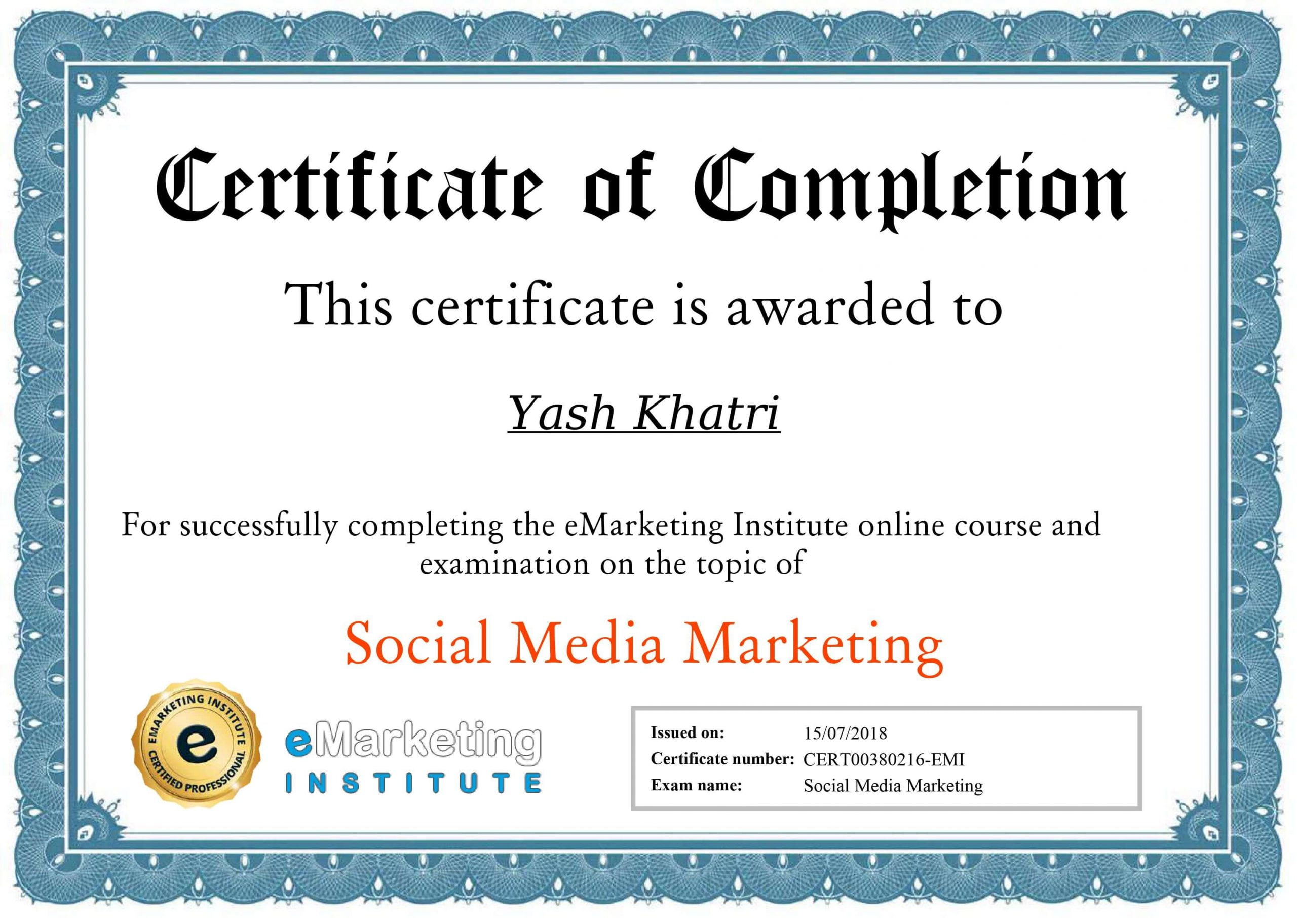 Yash A Khatri Social Media Marketing Certificate