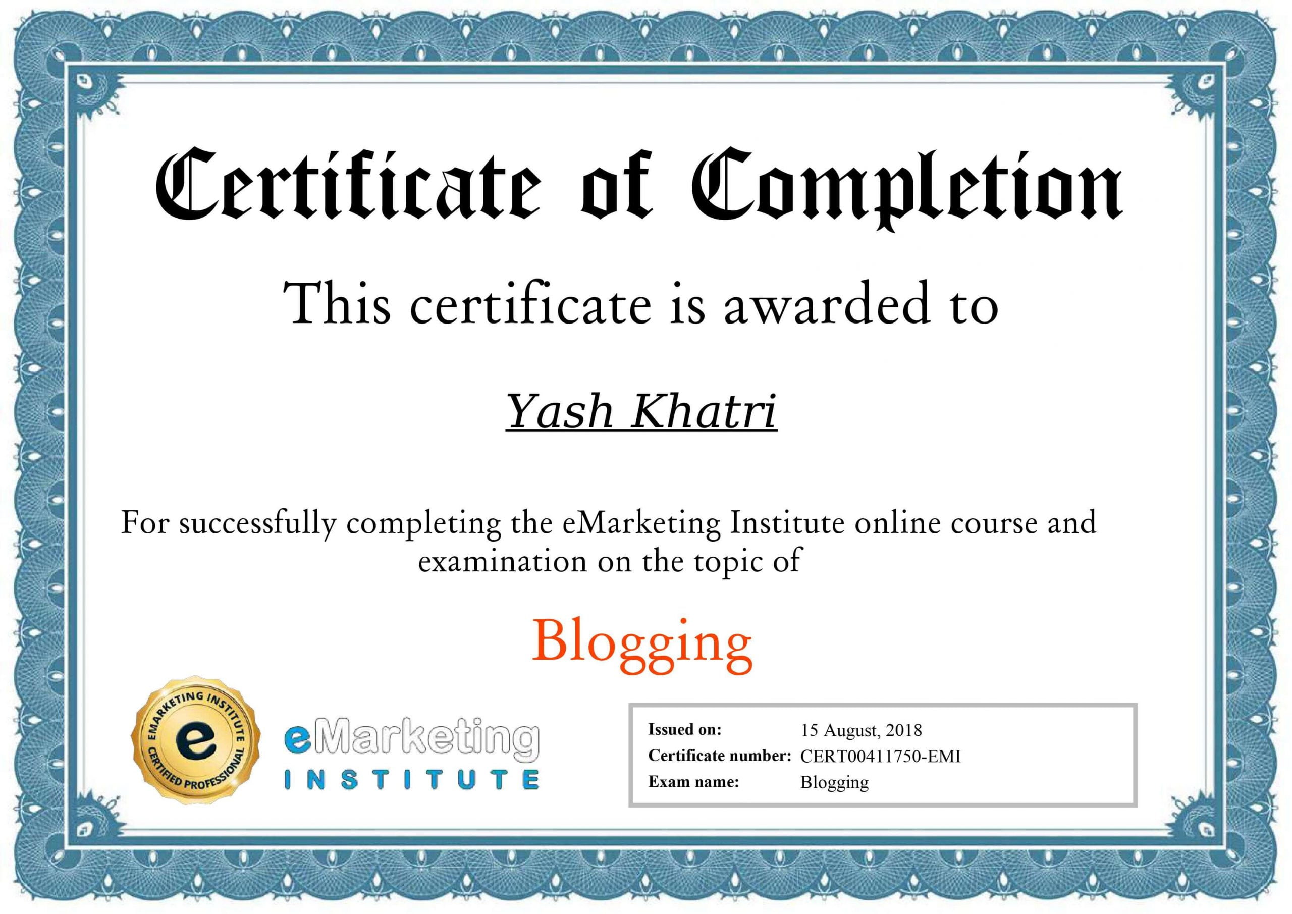 Yash A Khatri Blogging Certificate