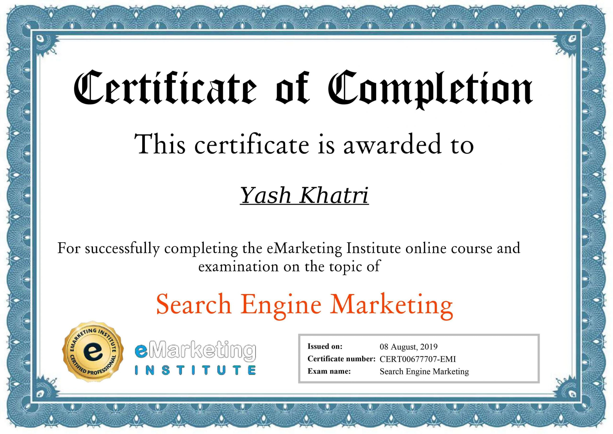 Yash A khatri Search Engine Marketing Certificate