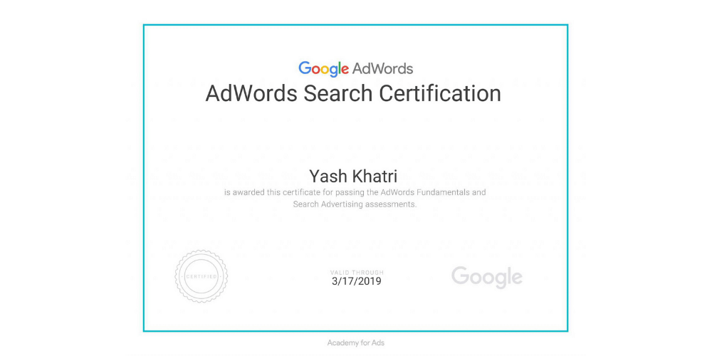 Yash A Khatri's Certificate By Google