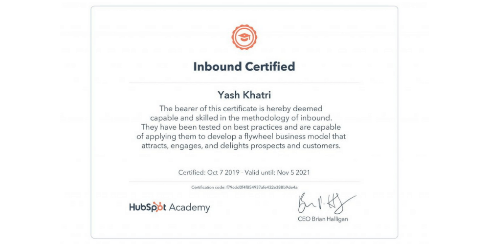 Yash A Khatri's Inbound Certificate By HubSpot
