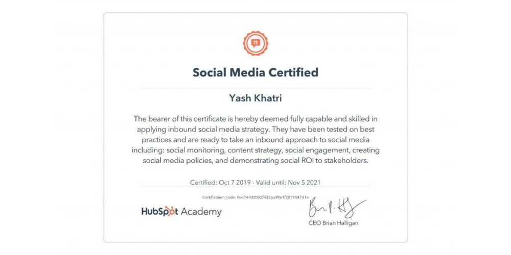 Yash A Khatri's Social Media Certificate By HubSpot